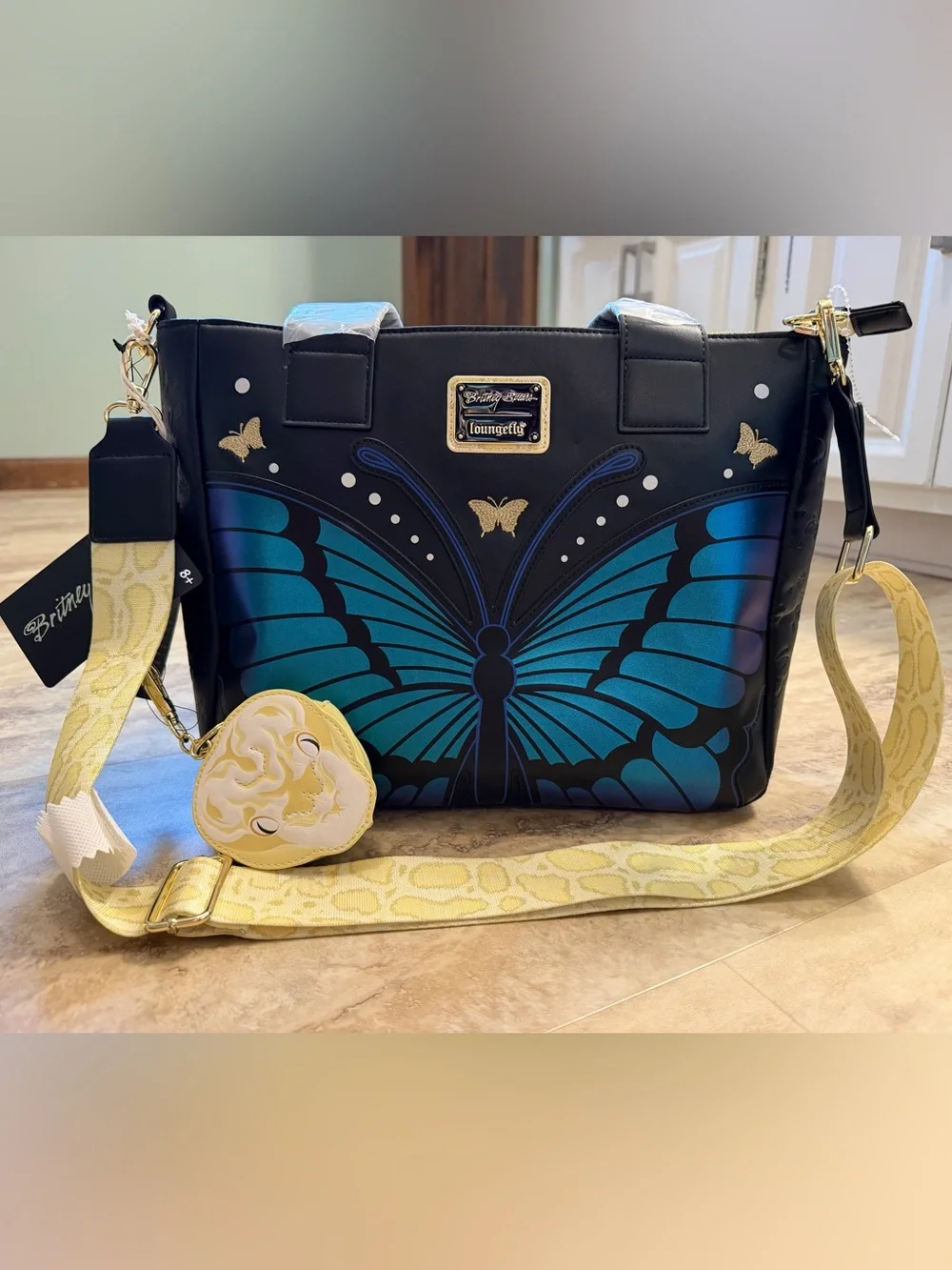 Loungefly Black Tote with Blue & Purple Butterfly Accents and Yellow Strap